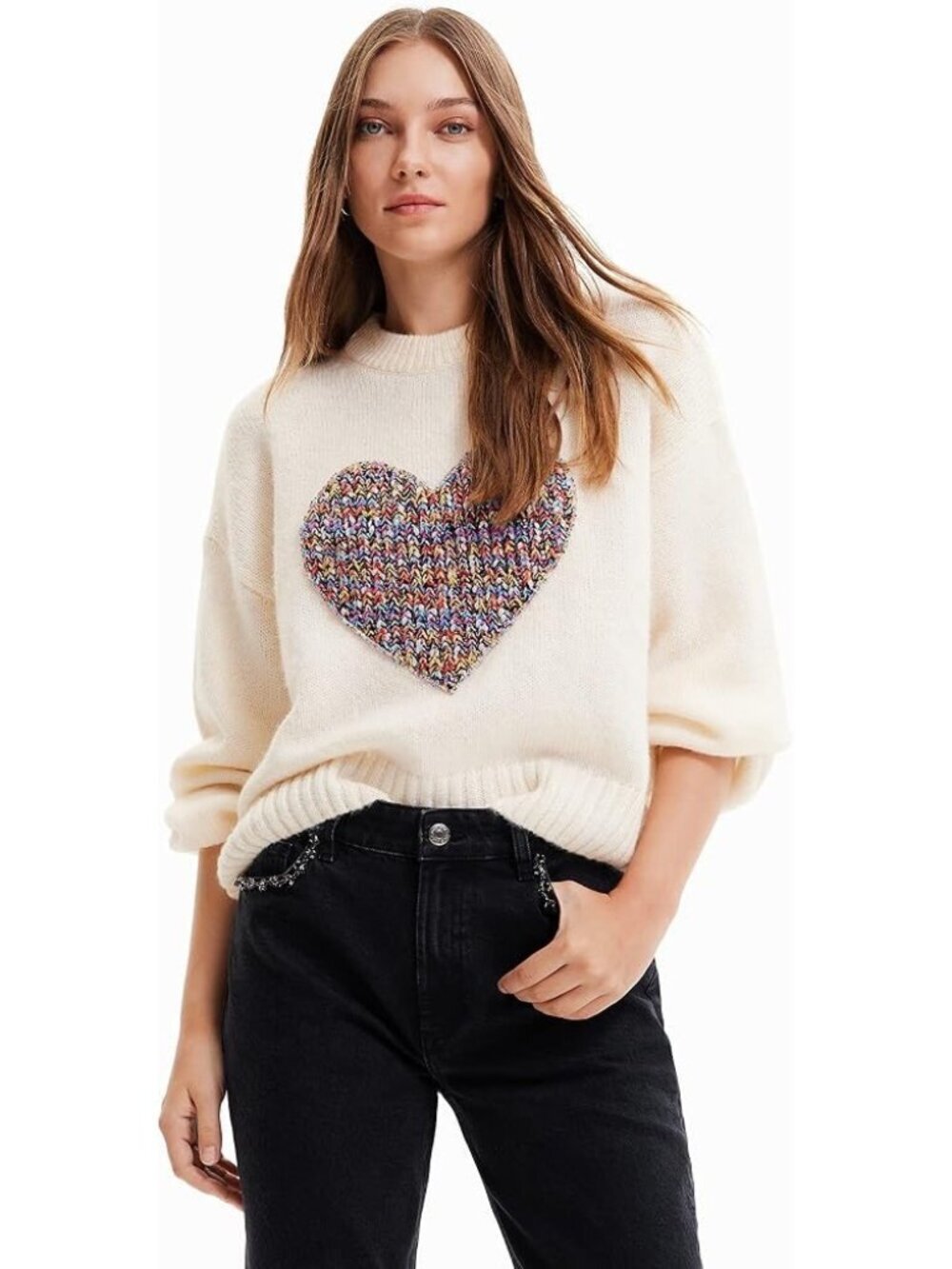Desigual Sweater JERS_Cory Cream Multicolored Heart Patch XL Oversized Boho Cozy